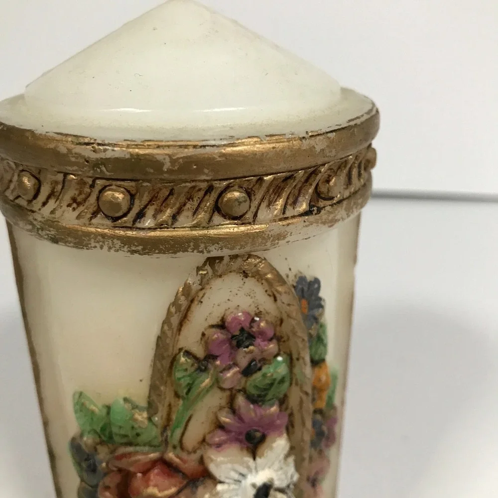 Vintage Floral Basket Relief Pillar Candle Gold Trim Decorative White Wax